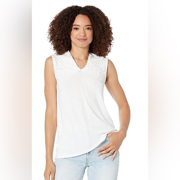 NWT H By Halston White Eyelet Collar Sleeveless V-Neck Top - Picture 1 of 8